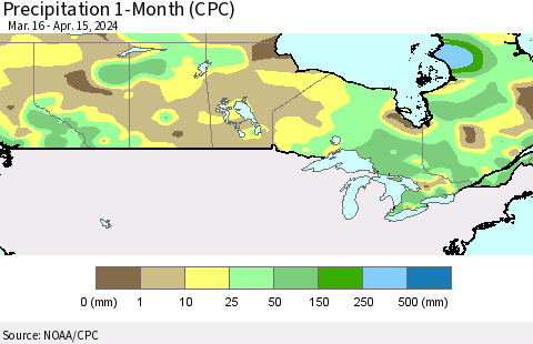 Canada Precipitation 1-Month (CPC) Thematic Map For 3/16/2024 - 4/15/2024