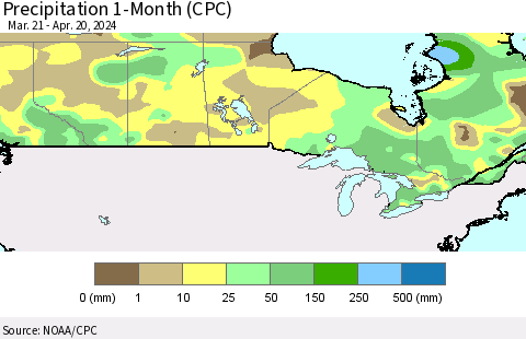 Canada Precipitation 1-Month (CPC) Thematic Map For 3/21/2024 - 4/20/2024