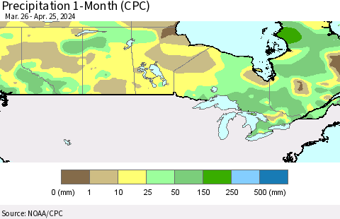 Canada Precipitation 1-Month (CPC) Thematic Map For 3/26/2024 - 4/25/2024