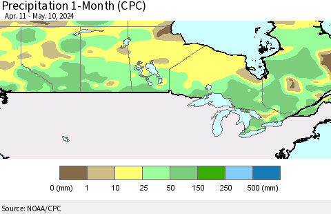 Canada Precipitation 1-Month (CPC) Thematic Map For 4/11/2024 - 5/10/2024