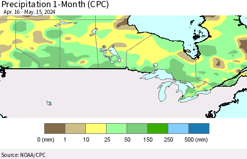 Canada Precipitation 1-Month (CPC) Thematic Map For 4/16/2024 - 5/15/2024
