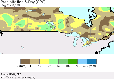 Canada Precipitation 5-Day (CPC) Thematic Map For 8/21/2021 - 8/25/2021