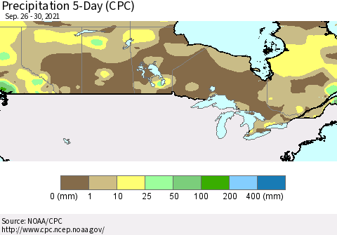 Canada Precipitation 5-Day (CPC) Thematic Map For 9/26/2021 - 9/30/2021