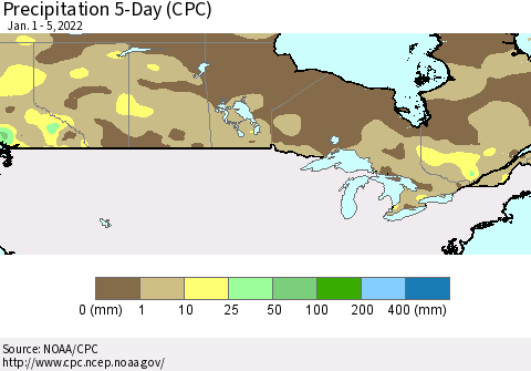 Canada Precipitation 5-Day (CPC) Thematic Map For 1/1/2022 - 1/5/2022