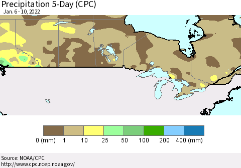 Canada Precipitation 5-Day (CPC) Thematic Map For 1/6/2022 - 1/10/2022