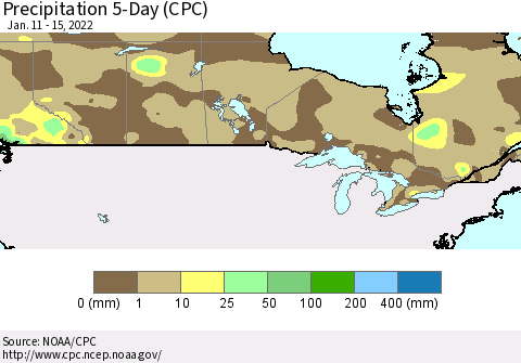 Canada Precipitation 5-Day (CPC) Thematic Map For 1/11/2022 - 1/15/2022