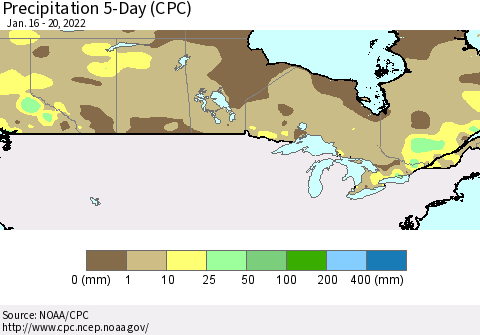 Canada Precipitation 5-Day (CPC) Thematic Map For 1/16/2022 - 1/20/2022