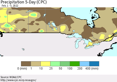 Canada Precipitation 5-Day (CPC) Thematic Map For 2/1/2022 - 2/5/2022