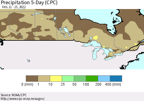 Canada Precipitation 5-Day (CPC) Thematic Map For 2/11/2022 - 2/15/2022