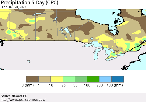 Canada Precipitation 5-Day (CPC) Thematic Map For 2/16/2022 - 2/20/2022