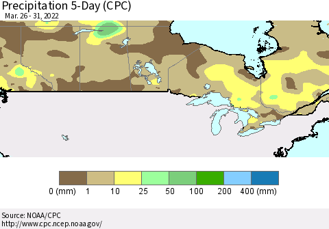 Canada Precipitation 5-Day (CPC) Thematic Map For 3/26/2022 - 3/31/2022