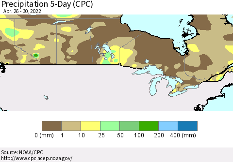 Canada Precipitation 5-Day (CPC) Thematic Map For 4/26/2022 - 4/30/2022