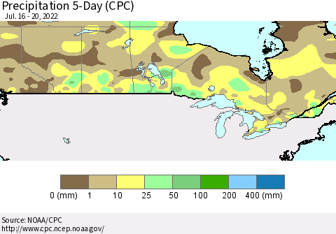 Canada Precipitation 5-Day (CPC) Thematic Map For 7/16/2022 - 7/20/2022