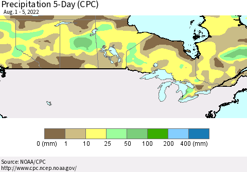 Canada Precipitation 5-Day (CPC) Thematic Map For 8/1/2022 - 8/5/2022