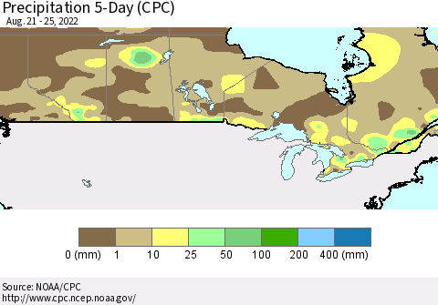 Canada Precipitation 5-Day (CPC) Thematic Map For 8/21/2022 - 8/25/2022