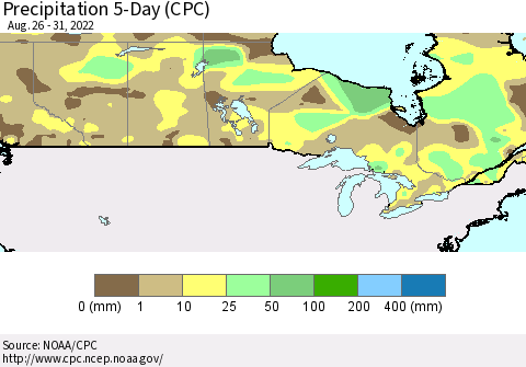 Canada Precipitation 5-Day (CPC) Thematic Map For 8/26/2022 - 8/31/2022