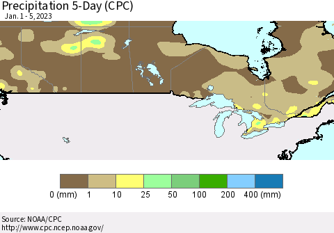 Canada Precipitation 5-Day (CPC) Thematic Map For 1/1/2023 - 1/5/2023