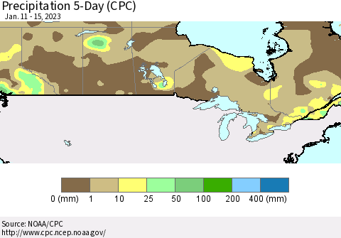 Canada Precipitation 5-Day (CPC) Thematic Map For 1/11/2023 - 1/15/2023