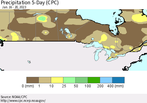 Canada Precipitation 5-Day (CPC) Thematic Map For 1/16/2023 - 1/20/2023