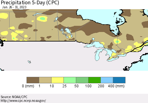 Canada Precipitation 5-Day (CPC) Thematic Map For 1/26/2023 - 1/31/2023
