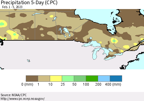 Canada Precipitation 5-Day (CPC) Thematic Map For 2/1/2023 - 2/5/2023