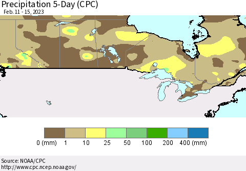 Canada Precipitation 5-Day (CPC) Thematic Map For 2/11/2023 - 2/15/2023