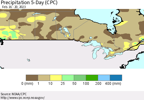 Canada Precipitation 5-Day (CPC) Thematic Map For 2/16/2023 - 2/20/2023