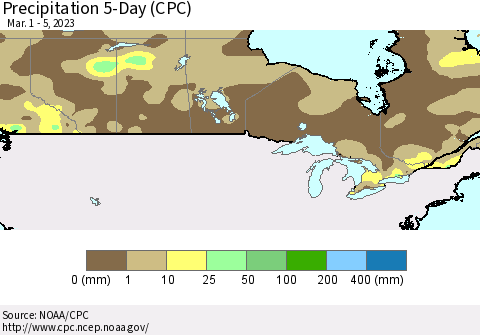 Canada Precipitation 5-Day (CPC) Thematic Map For 3/1/2023 - 3/5/2023