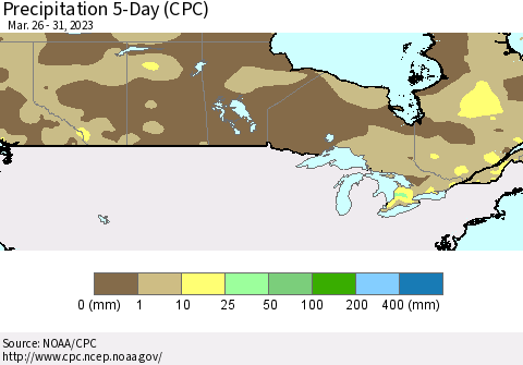 Canada Precipitation 5-Day (CPC) Thematic Map For 3/26/2023 - 3/31/2023
