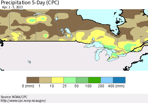 Canada Precipitation 5-Day (CPC) Thematic Map For 4/1/2023 - 4/5/2023
