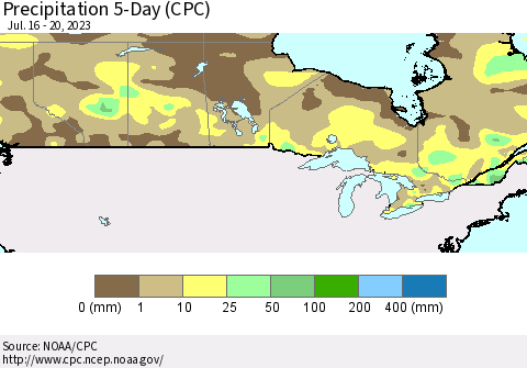 Canada Precipitation 5-Day (CPC) Thematic Map For 7/16/2023 - 7/20/2023