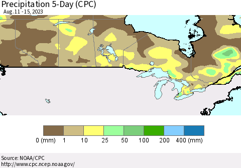 Canada Precipitation 5-Day (CPC) Thematic Map For 8/11/2023 - 8/15/2023