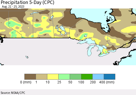 Canada Precipitation 5-Day (CPC) Thematic Map For 8/21/2023 - 8/25/2023