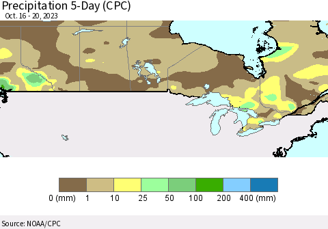 Canada Precipitation 5-Day (CPC) Thematic Map For 10/16/2023 - 10/20/2023