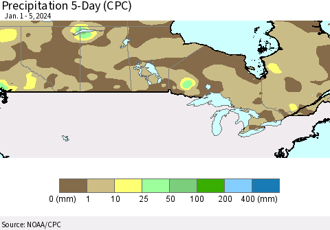 Canada Precipitation 5-Day (CPC) Thematic Map For 1/1/2024 - 1/5/2024