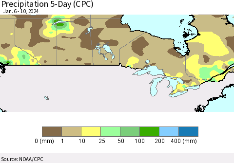 Canada Precipitation 5-Day (CPC) Thematic Map For 1/6/2024 - 1/10/2024