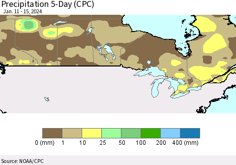 Canada Precipitation 5-Day (CPC) Thematic Map For 1/11/2024 - 1/15/2024