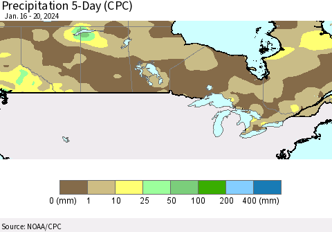 Canada Precipitation 5-Day (CPC) Thematic Map For 1/16/2024 - 1/20/2024