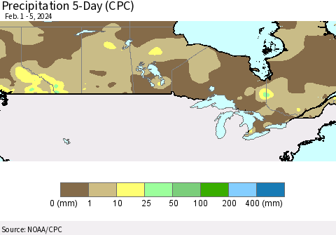 Canada Precipitation 5-Day (CPC) Thematic Map For 2/1/2024 - 2/5/2024