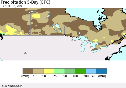 Canada Precipitation 5-Day (CPC) Thematic Map For 2/11/2024 - 2/15/2024