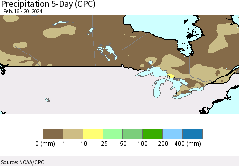 Canada Precipitation 5-Day (CPC) Thematic Map For 2/16/2024 - 2/20/2024