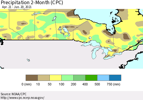 Canada Precipitation 2-Month (CPC) Thematic Map For 4/21/2021 - 6/20/2021