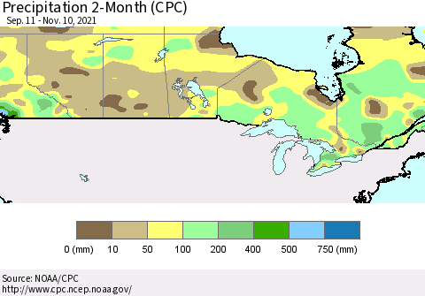 Canada Precipitation 2-Month (CPC) Thematic Map For 9/11/2021 - 11/10/2021