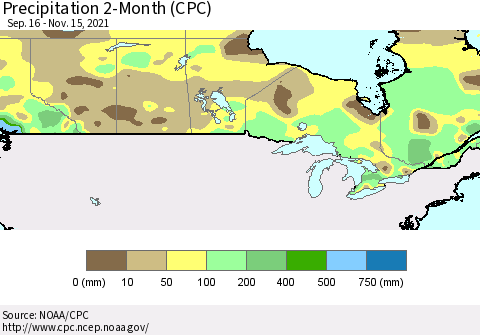 Canada Precipitation 2-Month (CPC) Thematic Map For 9/16/2021 - 11/15/2021