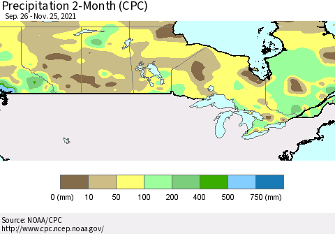 Canada Precipitation 2-Month (CPC) Thematic Map For 9/26/2021 - 11/25/2021