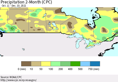 Canada Precipitation 2-Month (CPC) Thematic Map For 10/11/2021 - 12/10/2021