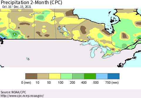 Canada Precipitation 2-Month (CPC) Thematic Map For 10/16/2021 - 12/15/2021