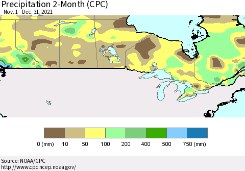 Canada Precipitation 2-Month (CPC) Thematic Map For 11/1/2021 - 12/31/2021