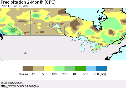 Canada Precipitation 2-Month (CPC) Thematic Map For 11/11/2021 - 1/10/2022