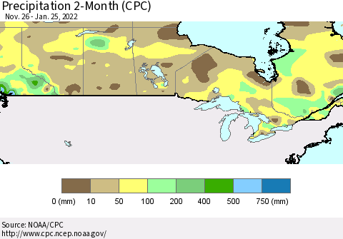 Canada Precipitation 2-Month (CPC) Thematic Map For 11/26/2021 - 1/25/2022